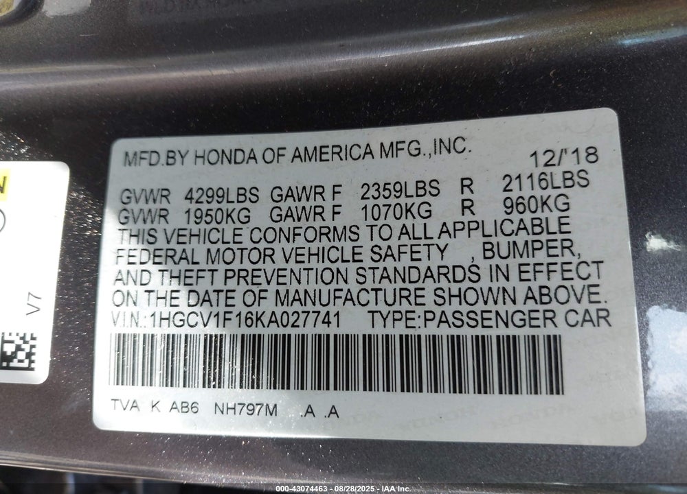 2019 HONDA ACCORD VIN: 1HGCV1F16KA027741