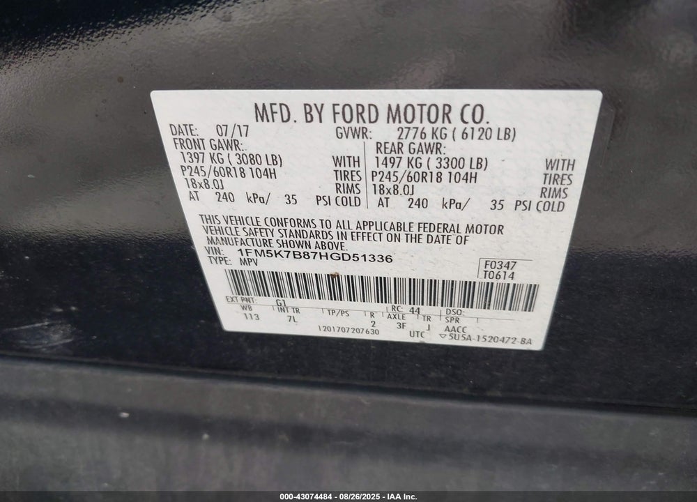 2017 FORD EXPLORER VIN: 1FM5K7B87HGD51336