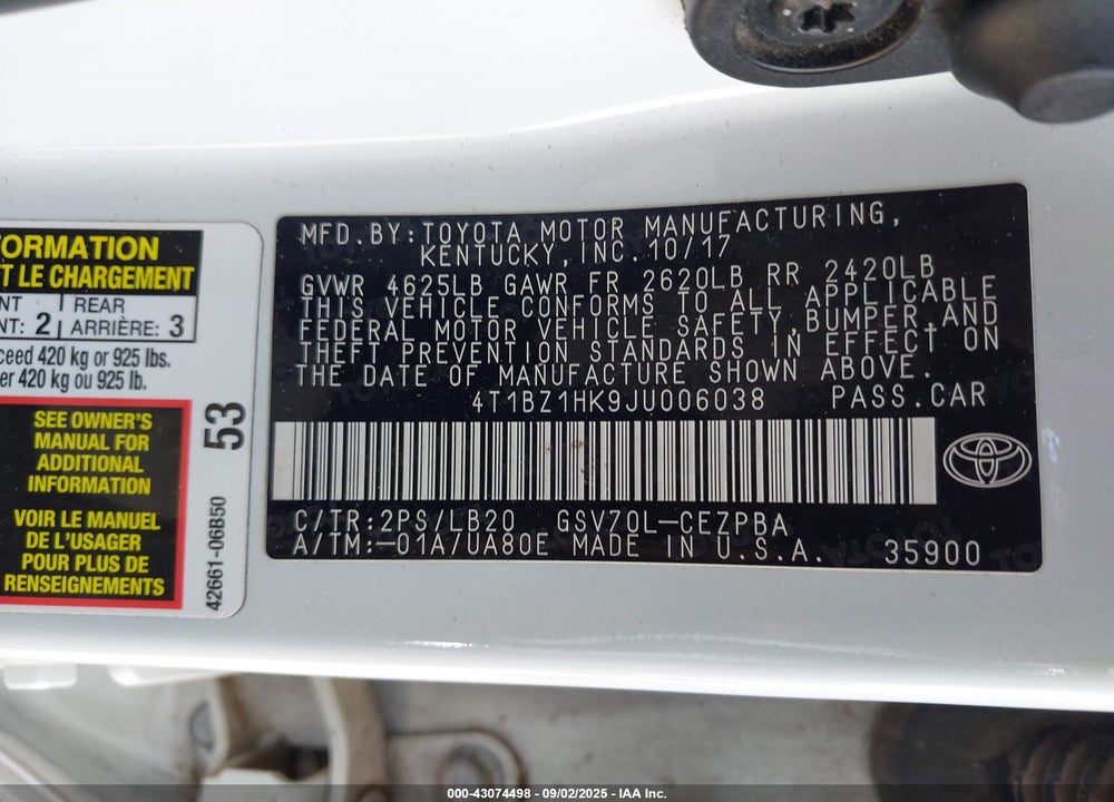 2018 TOYOTA CAMRY VIN: 4T1BZ1HK9JU006038