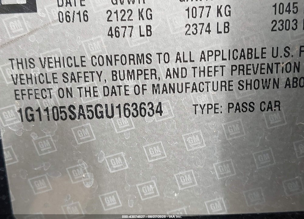 2016 CHEVROLET IMPALA VIN: 1G1105SA5GU163634