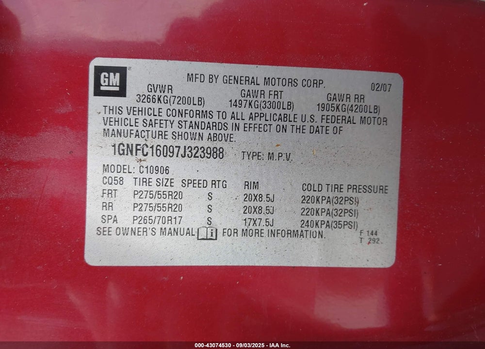 2007 CHEVROLET SUBURBAN 1500 LTZ VIN: 1GNFC16097J323988