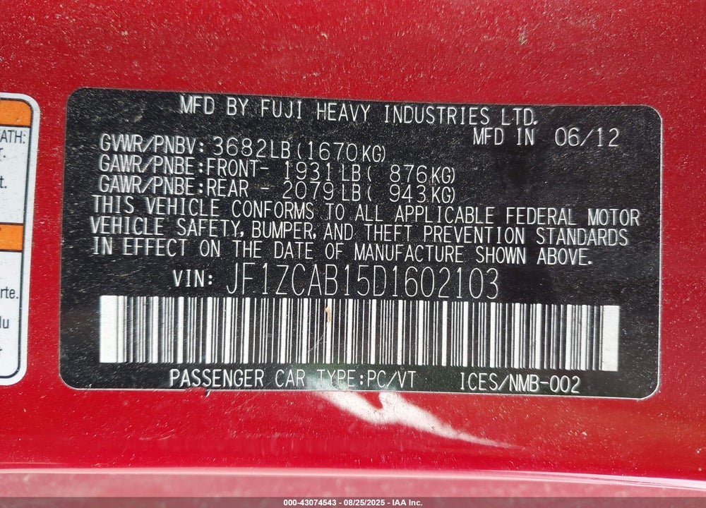 2013 SUBARU BRZ PREMIUM VIN: JF1ZCAB15D1602103