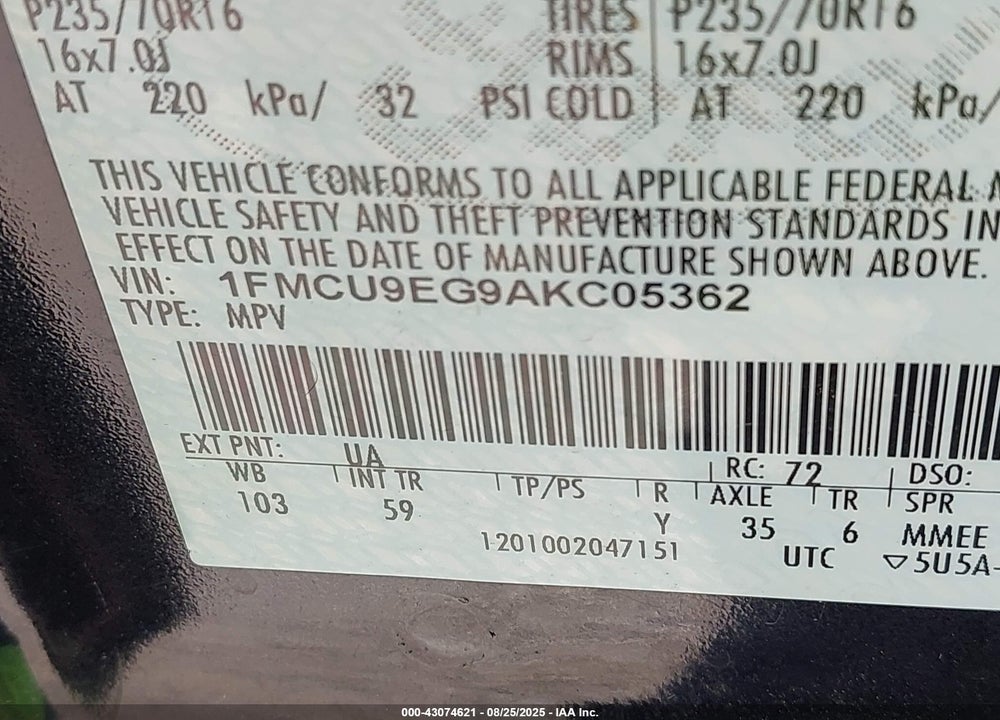 2010 FORD ESCAPE LIMITED VIN: 1FMCU9EG9AKC05362