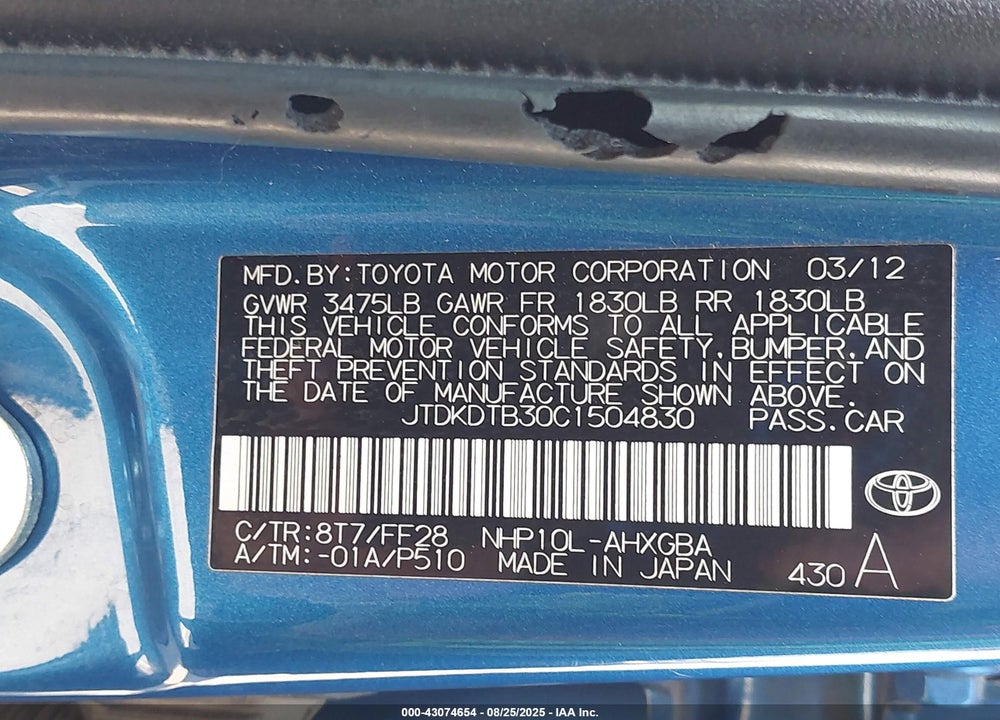 2012 TOYOTA PRIUS C VIN: JTDKDTB30C1504830
