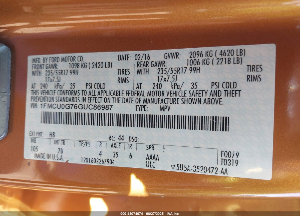 2016 FORD ESCAPE VIN: 1FMCU0G76GUC86987