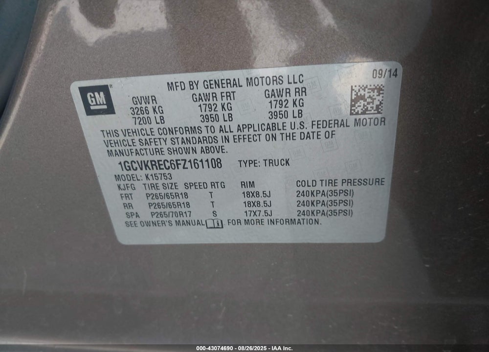 2015 CHEVROLET SILVERADO 1500 VIN: 1GCVKREC6FZ161108