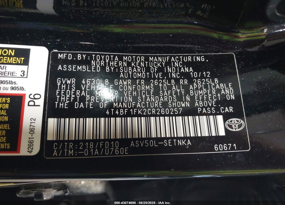 2012 TOYOTA CAMRY LE VIN: 4T4BF1FK2CR260257