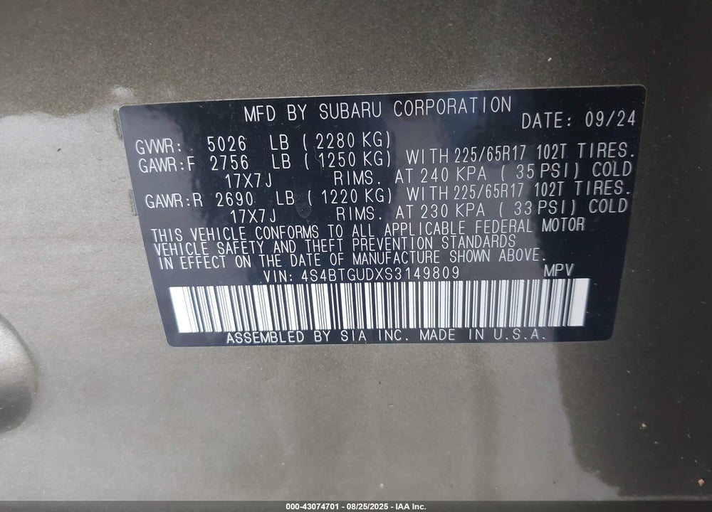 2025 SUBARU OUTBACK VIN: 4S4BTGUDXS3149809