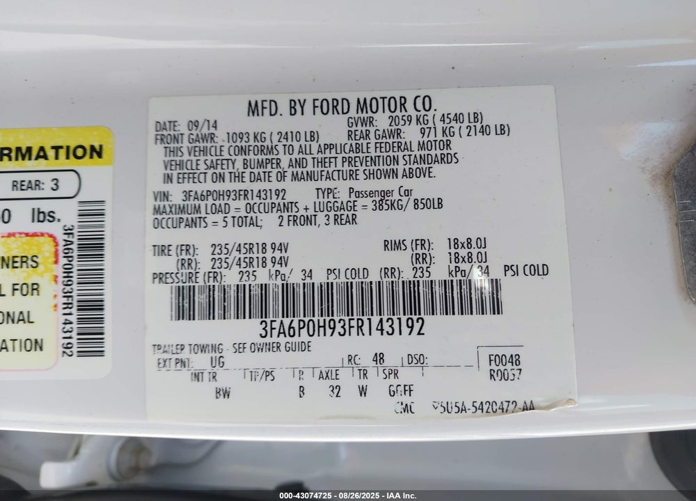 2015 FORD FUSION SE VIN: 3FA6P0H93FR143192