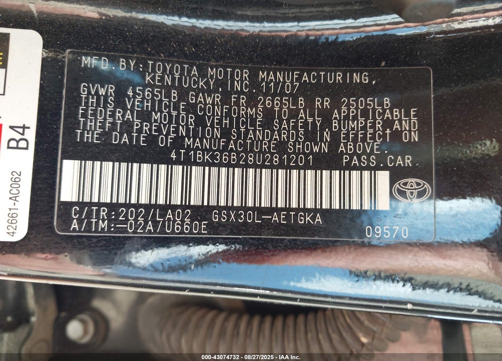 2008 TOYOTA AVALON XLS VIN: 4T1BK36B28U281201