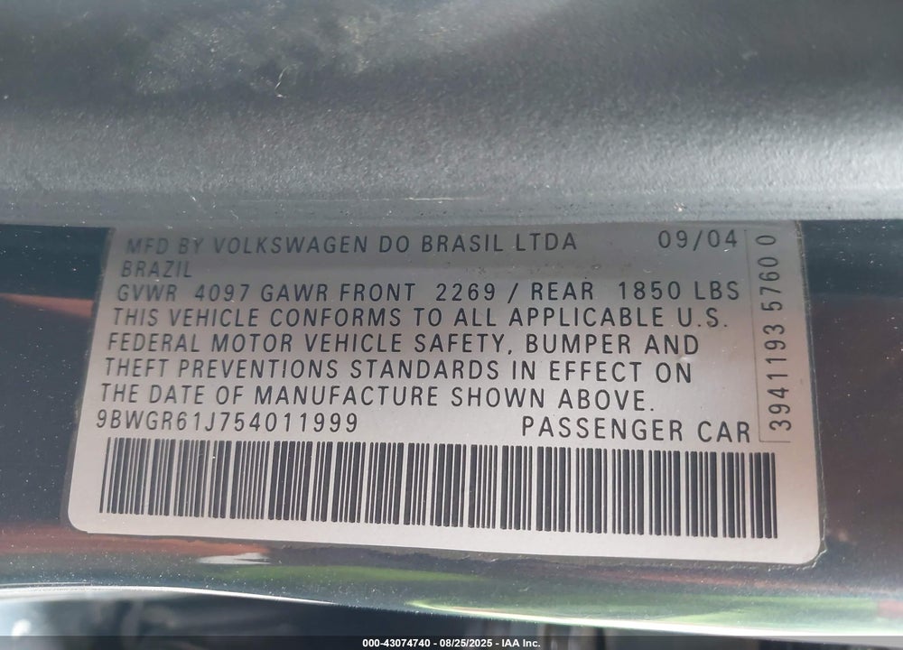 2005 VOLKSWAGEN GOLF GLS TDI VIN: 9BWGR61J754011999