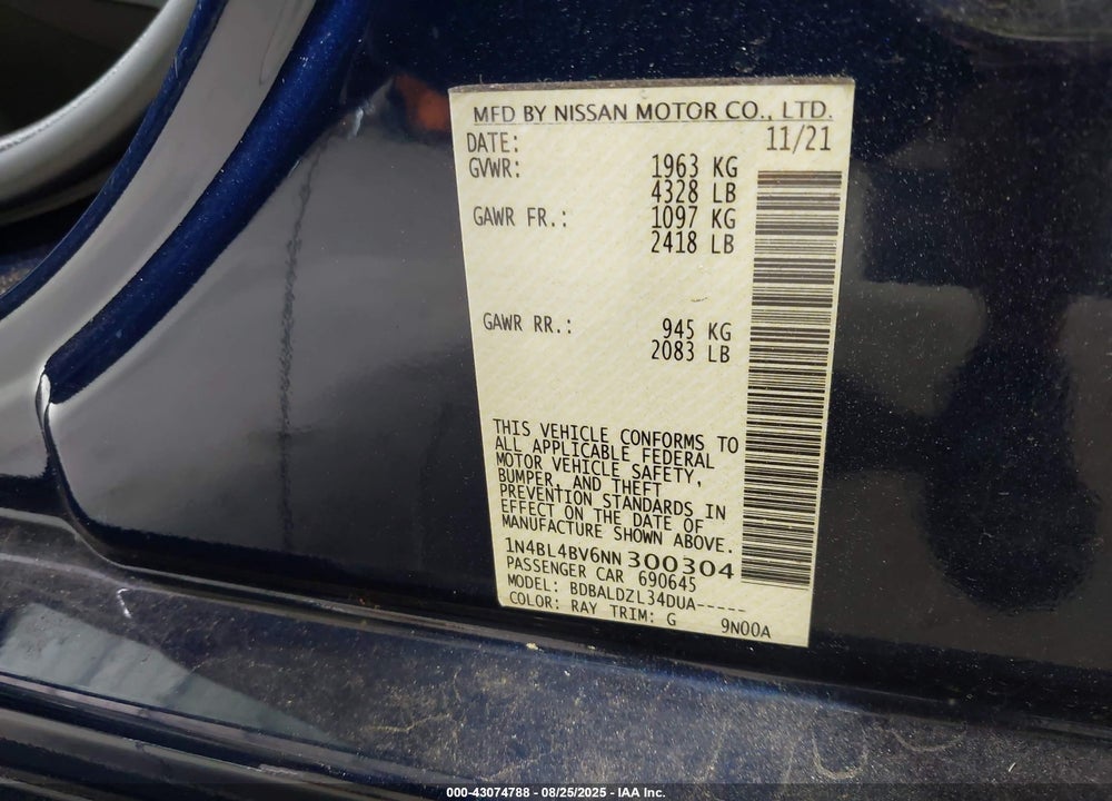 2022 NISSAN ALTIMA S FWD VIN: 1N4BL4BV6NN300304