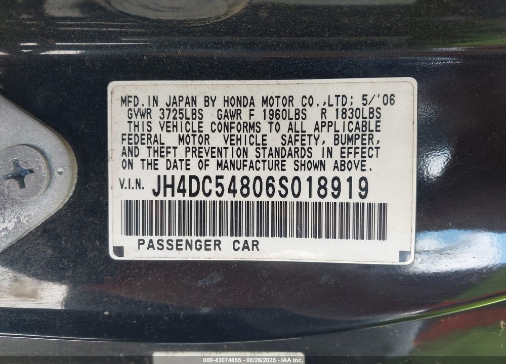 2006 ACURA RSX VIN: JH4DC54806S018919