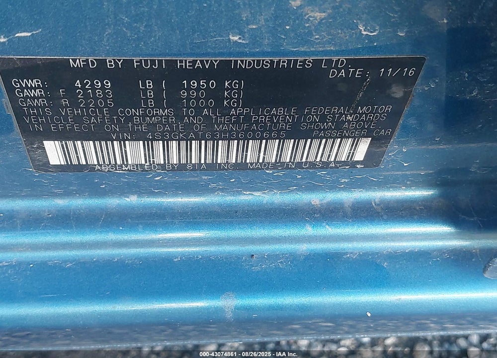 2017 SUBARU IMPREZA VIN: 4S3GKAT63H3600665