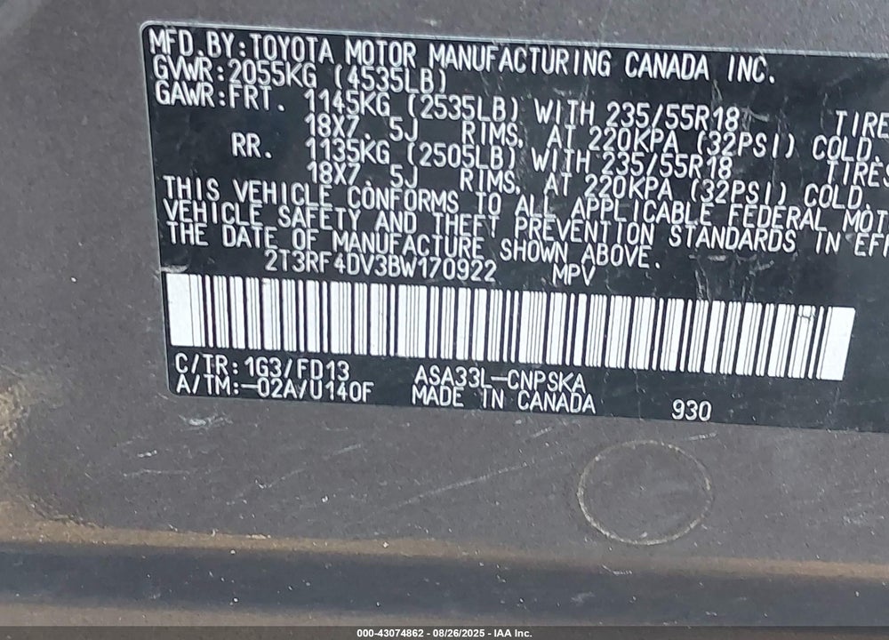 2011 TOYOTA RAV4 SPORT VIN: 2T3RF4DV3BW170922