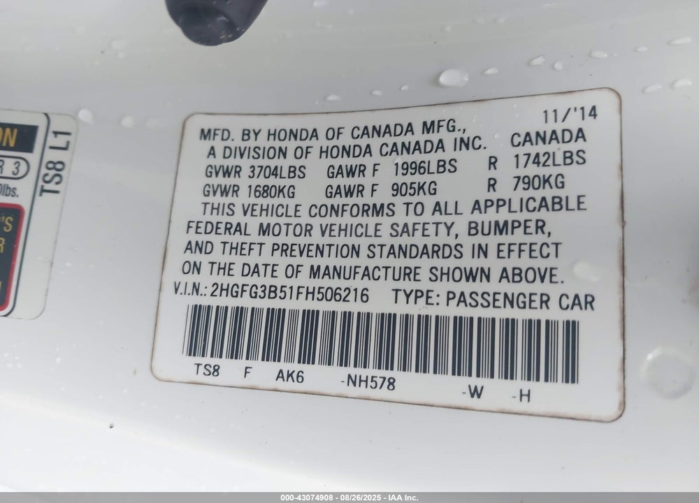 2015 HONDA CIVIC VIN: 2HGFG3B51FH506216