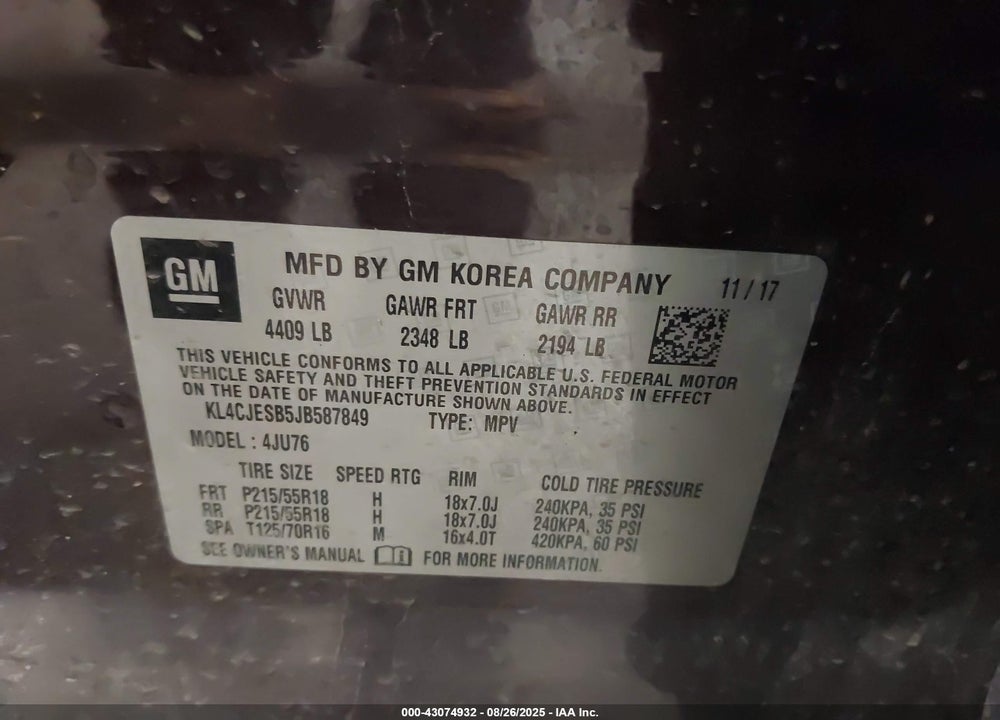 2018 BUICK ENCORE PREFERRED VIN: KL4CJESB5JB587849