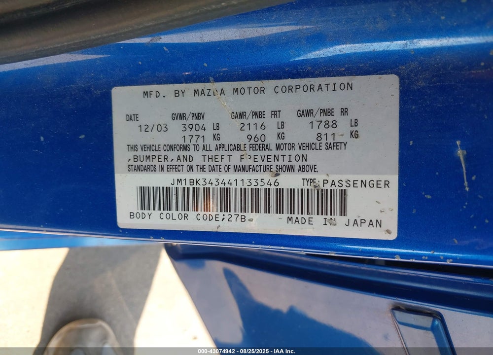 2004 MAZDA 3 S VIN: JM1BK343441133546