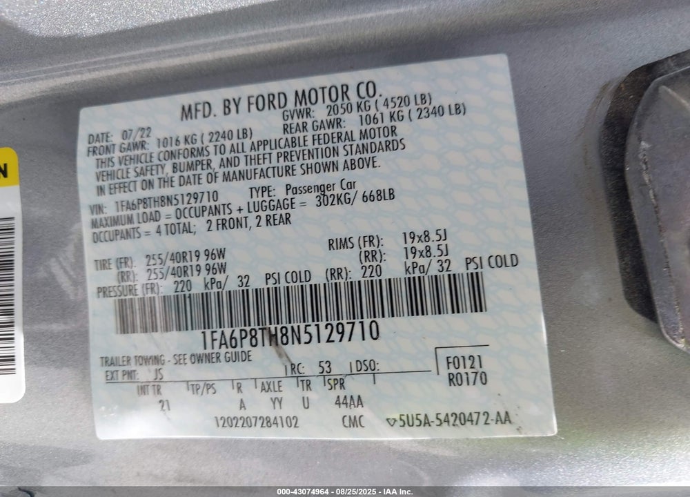 2022 FORD MUSTANG ECOBOOST FASTBACK VIN: 1FA6P8TH8N5129710