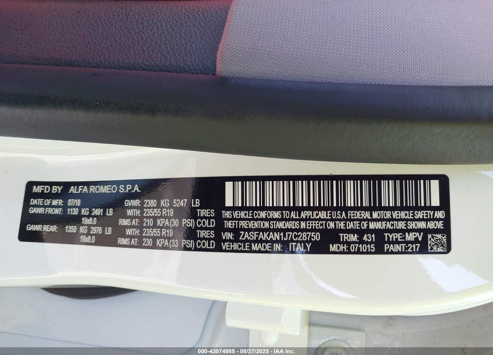 2018 ALFA ROMEO STELVIO VIN: ZASFAKAN1J7C28750