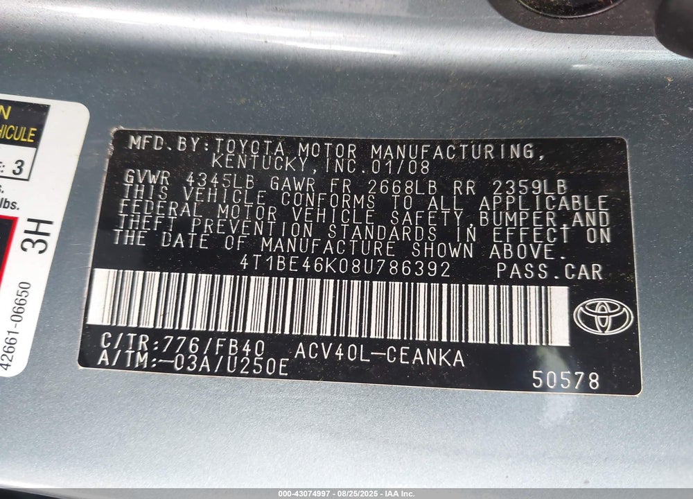2008 TOYOTA CAMRY LE VIN: 4T1BE46K08U786392