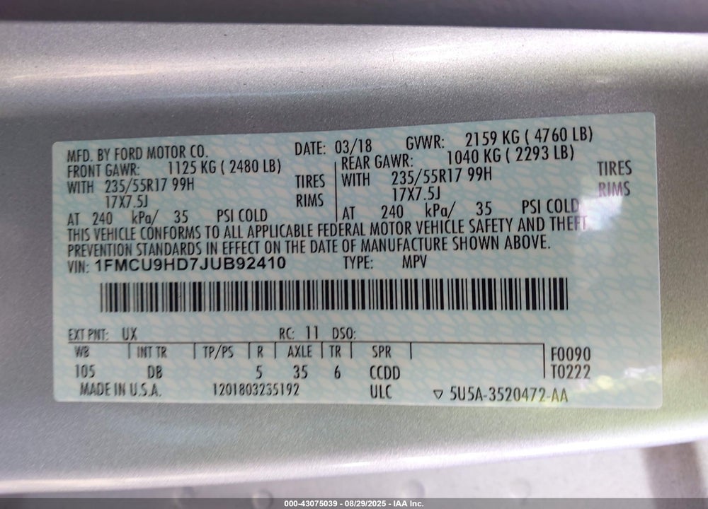 2018 FORD ESCAPE VIN: 1FMCU9HD7JUB92410