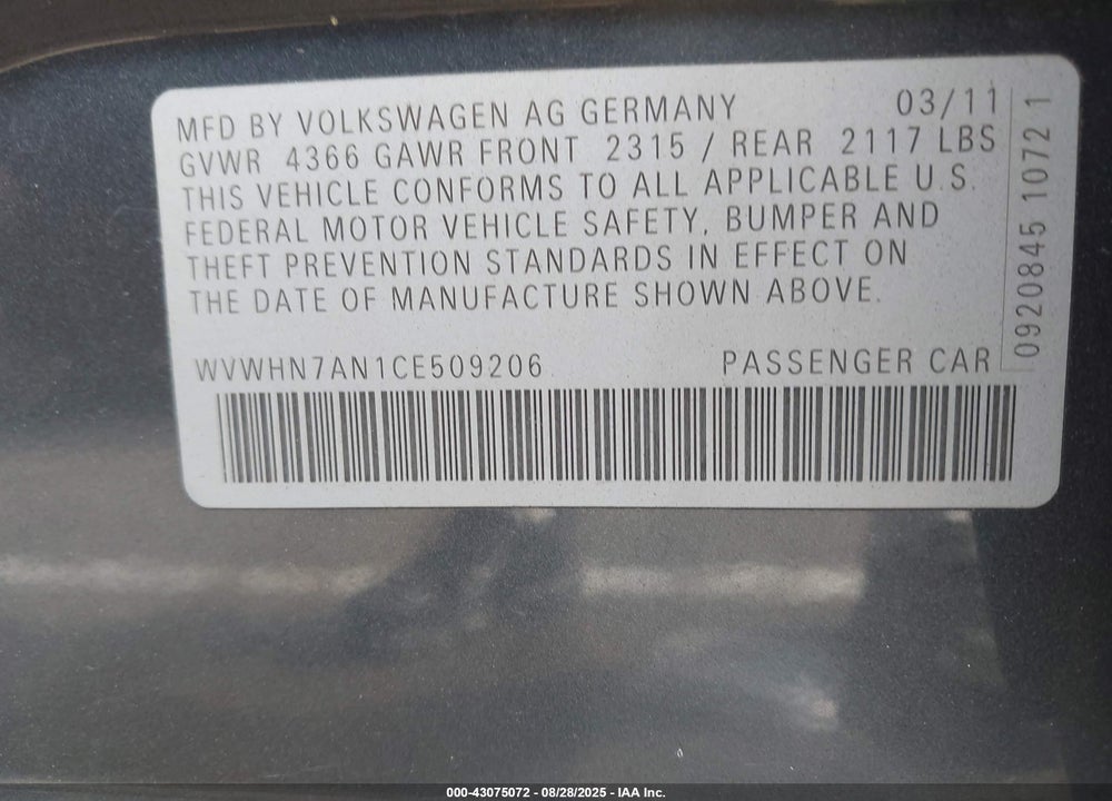 2012 VOLKSWAGEN CC LUX LIMITED VIN: WVWHN7AN1CE509206