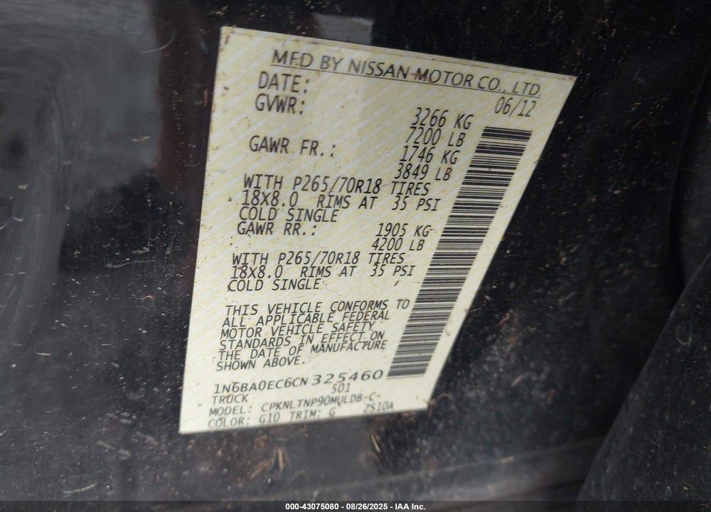 2012 NISSAN TITAN VIN: 1N6BA0EC6CN325460