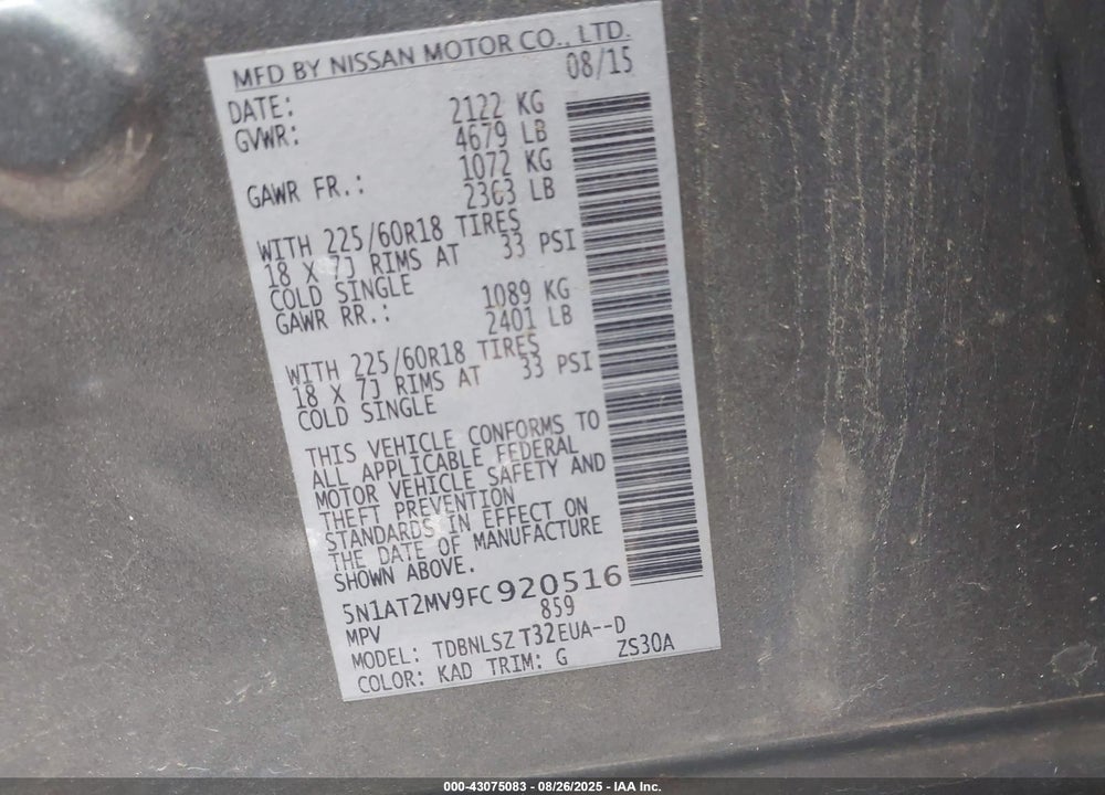 2015 NISSAN ROGUE VIN: 5N1AT2MV9FC920516