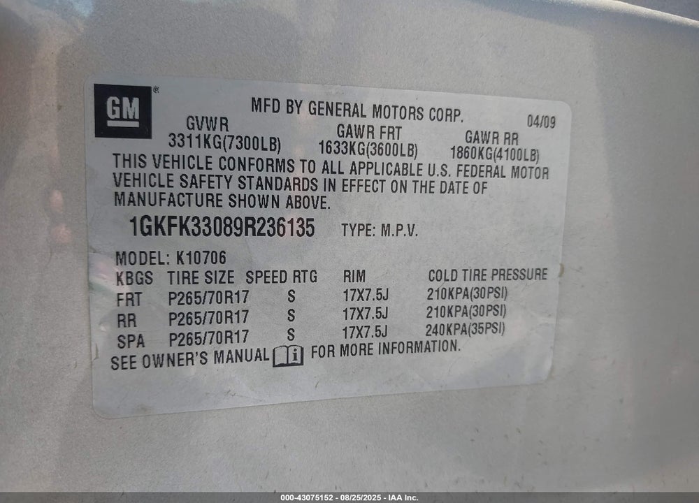 2009 GMC YUKON VIN: 1GKFK33089R236135
