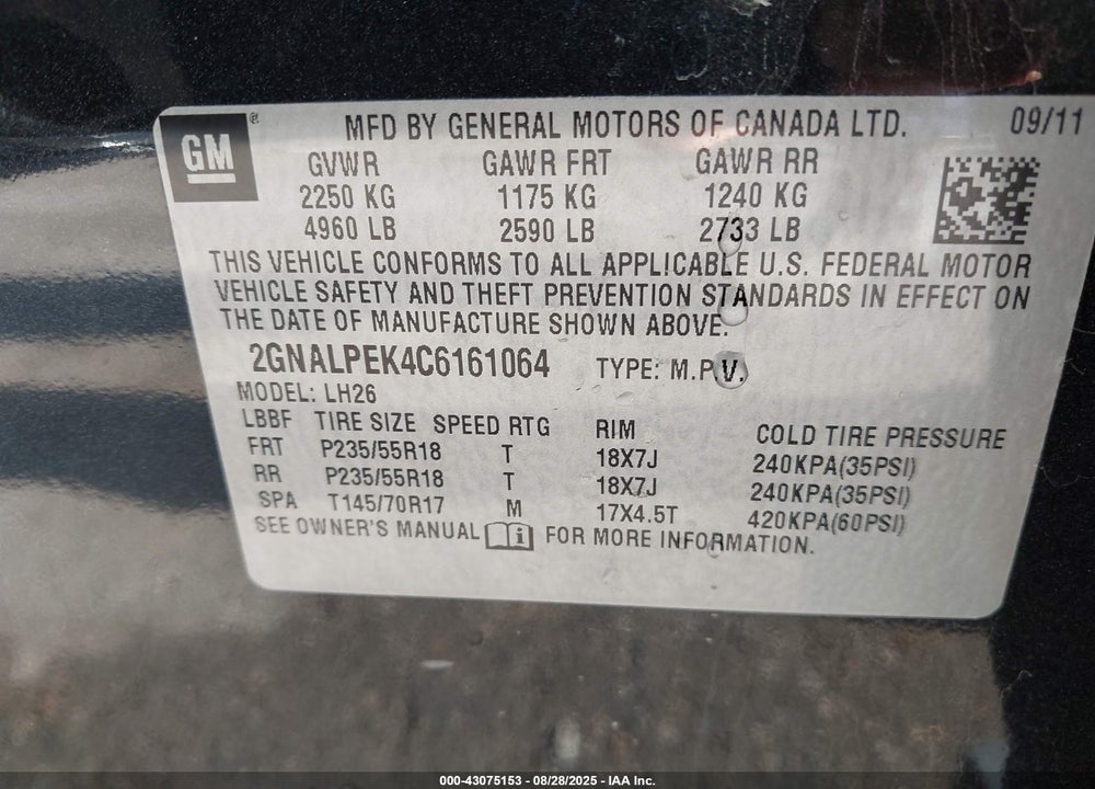 2012 CHEVROLET EQUINOX VIN: 2GNALPEK4C6161064