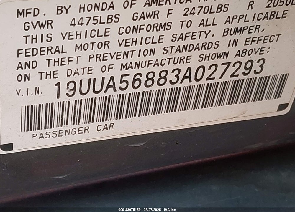 2003 ACURA TL 3.2 TYPE S VIN: 19UUA56883A027293