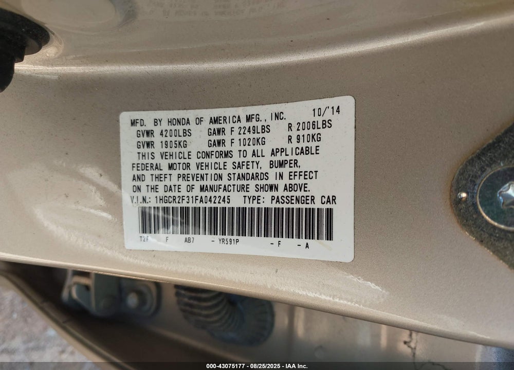 2015 HONDA ACCORD LX VIN: 1HGCR2F31FA042245
