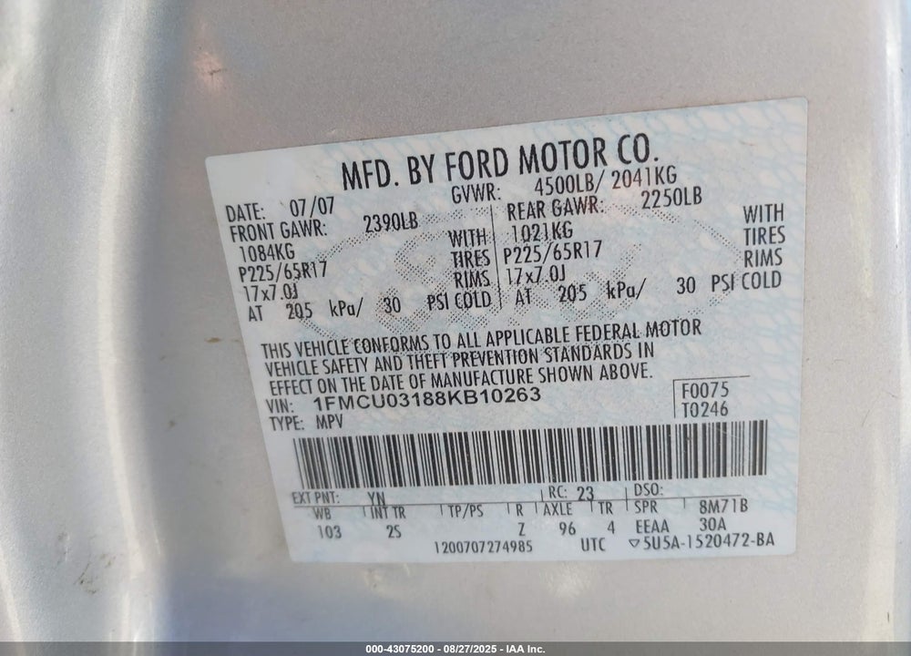 2008 FORD ESCAPE XLT VIN: 1FMCU03188KB10263