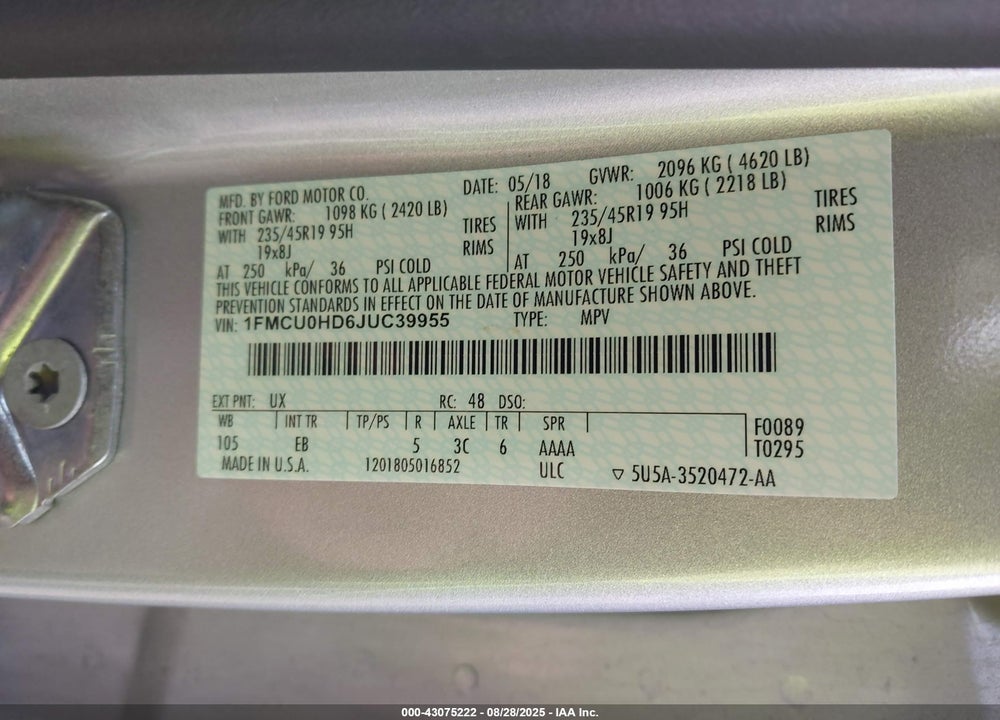 2018 FORD ESCAPE SEL VIN: 1FMCU0HD6JUC39955