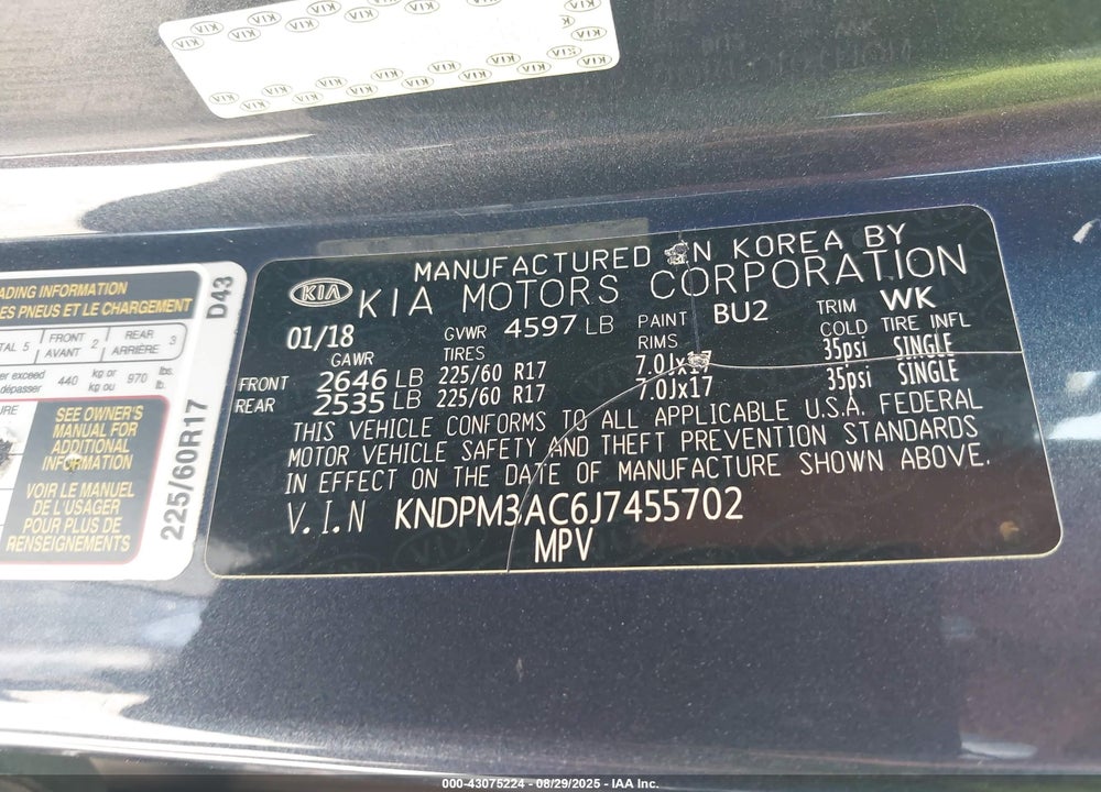 2018 KIA SPORTAGE VIN: KNDPM3AC6J7455702