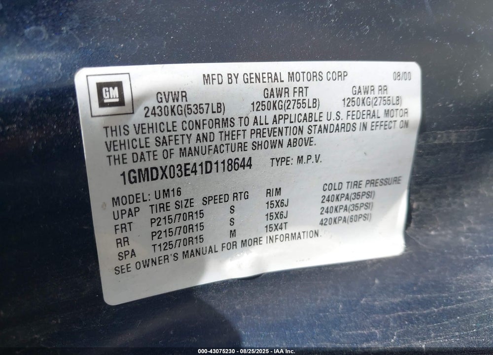 2001 PONTIAC MONTANA M16 W/1SE PKG. VIN: 1GMDX03E41D118644