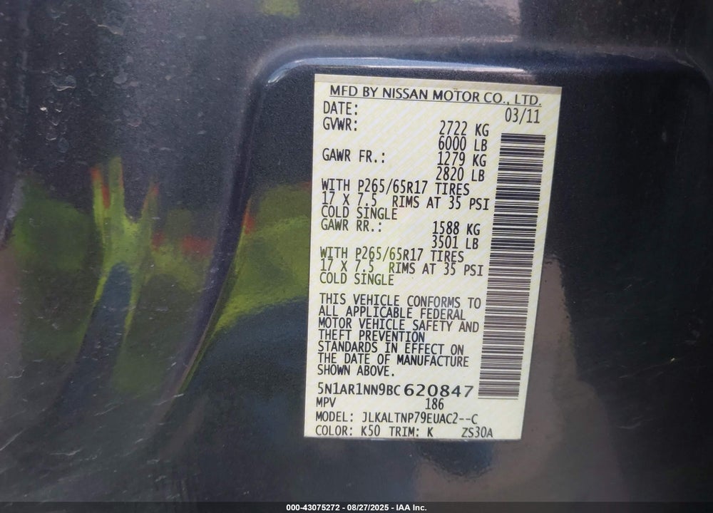 2011 NISSAN PATHFINDER VIN: 5N1AR1NN9BC620847