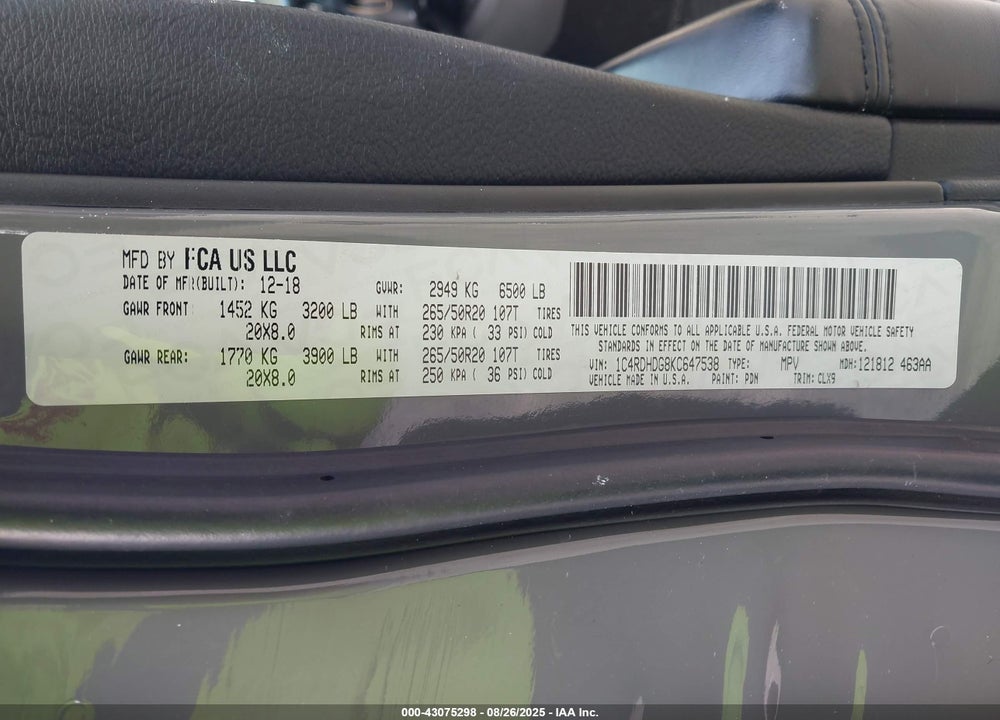 2019 DODGE DURANGO VIN: 1C4RDHDG8KC647538
