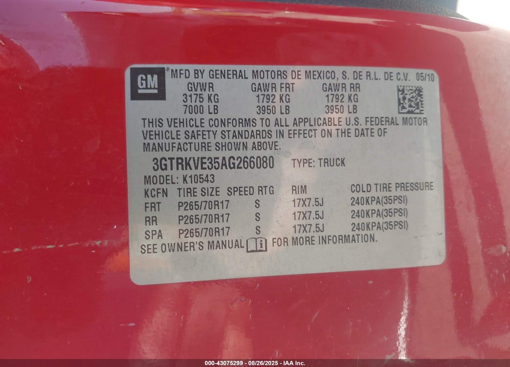 2010 GMC SIERRA 1500 VIN: 3GTRKVE35AG266080