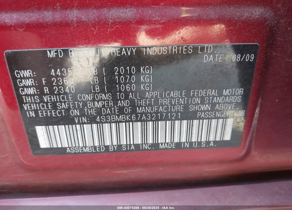 2010 SUBARU LEGACY VIN: 4S3BMBK67A3217121