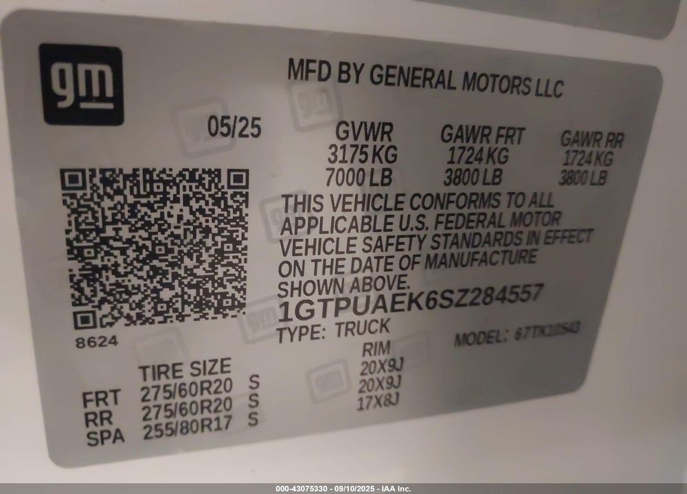 2025 GMC SIERRA 1500 VIN: 1GTPUAEK6SZ284557