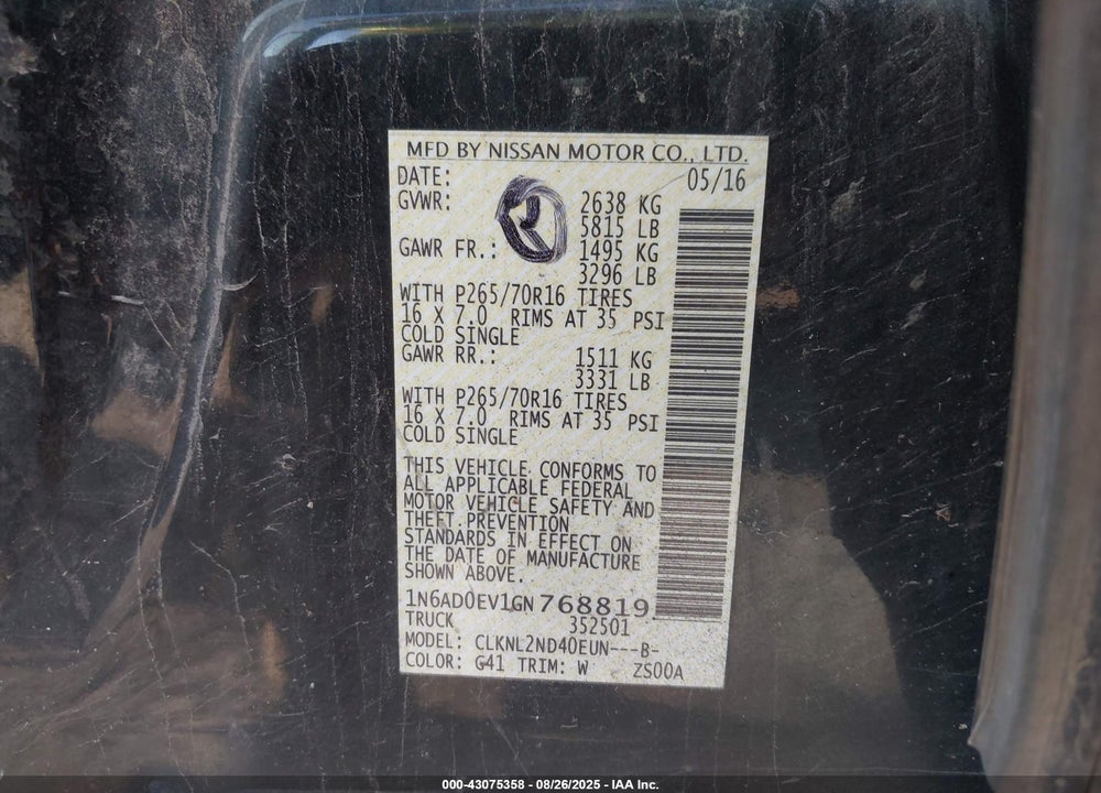 2016 NISSAN FRONTIER VIN: 1N6AD0EV1GN768819