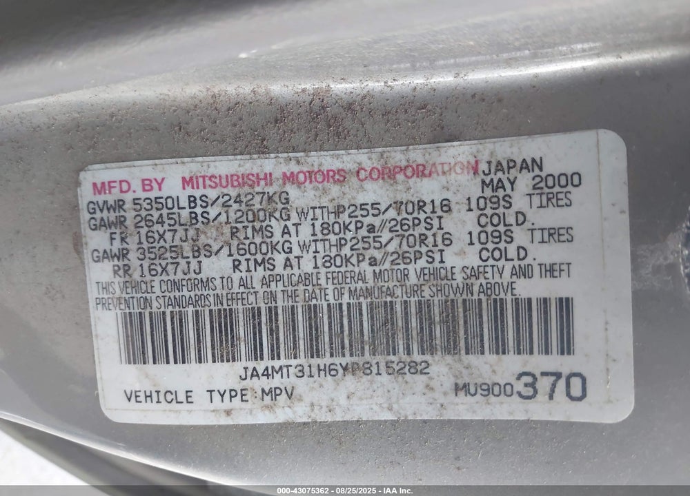 2000 MITSUBISHI MONTERO SPORT LS/XLS VIN: JA4MT31H6YP815282