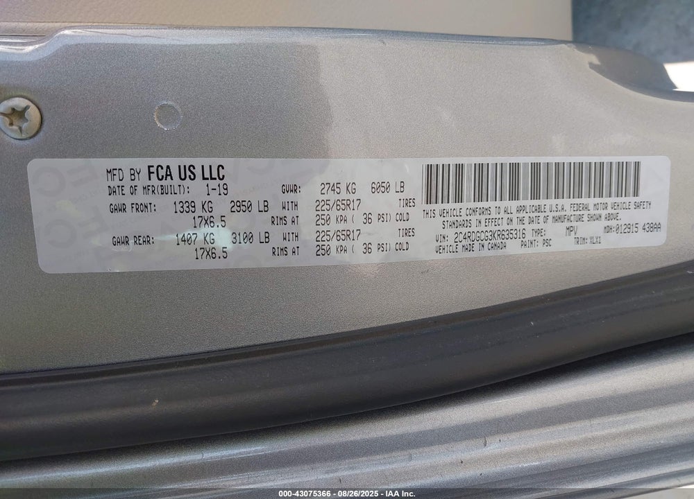 2019 DODGE GRAND CARAVAN SXT VIN: 2C4RDGCG3KR635316