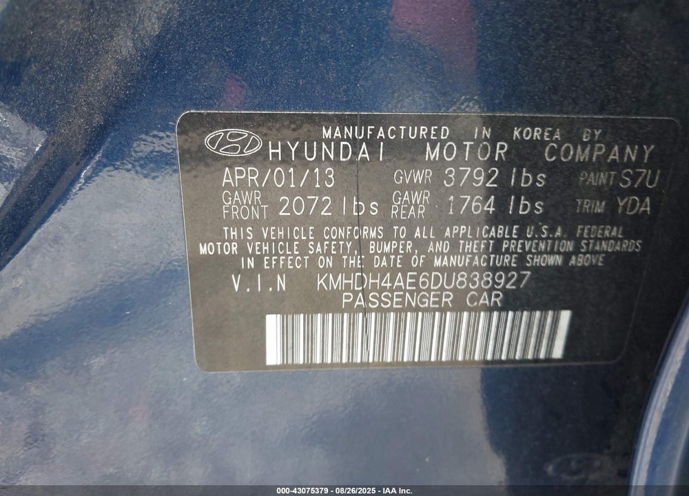 2013 HYUNDAI ELANTRA GLS VIN: KMHDH4AE6DU838927