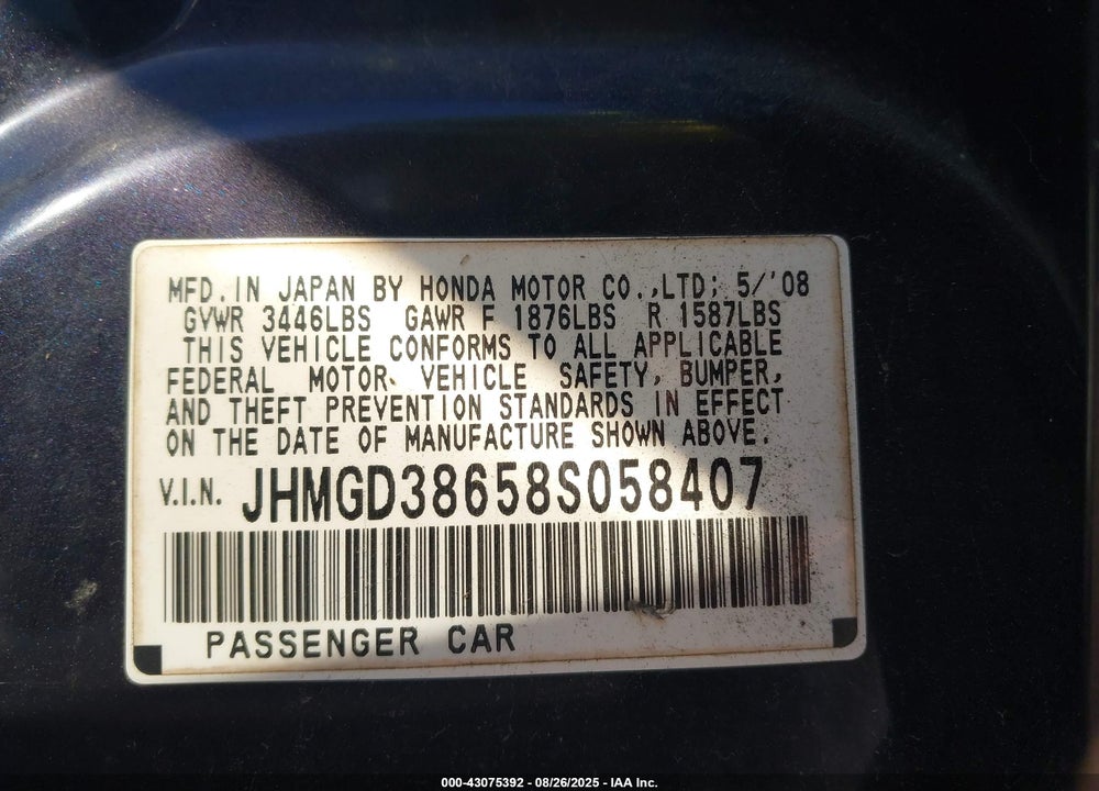 2008 HONDA FIT SPORT VIN: JHMGD38658S058407