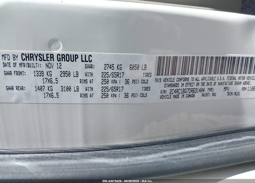 2013 CHRYSLER TOWN & COUNTRY TOURING VIN: 2C4RC1BG7DR631404