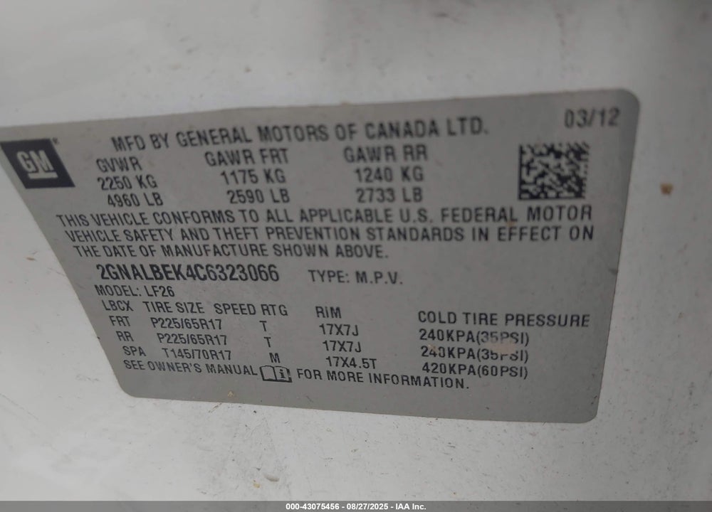 2012 CHEVROLET EQUINOX VIN: 2GNALBEK4C6323066