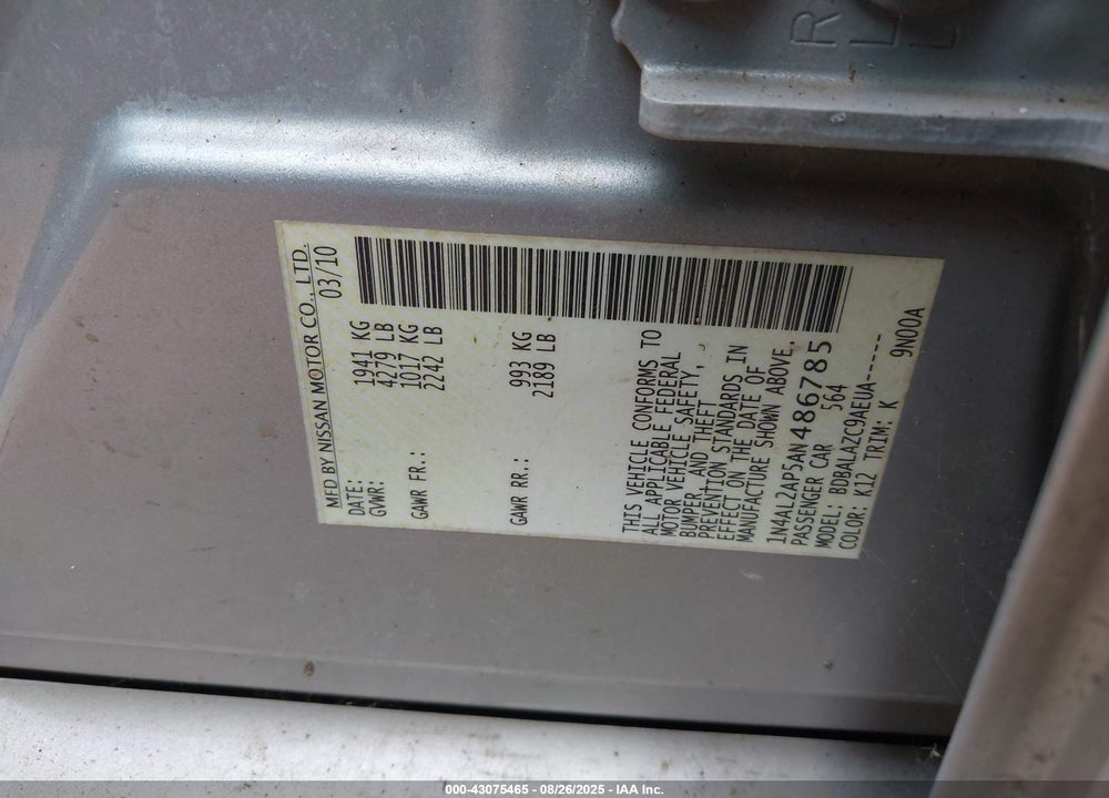 2010 NISSAN ALTIMA VIN: 1N4AL2AP5AN486785
